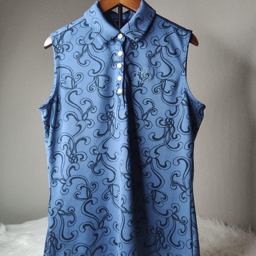 Greg Norman Golf Polo Womens Large Blue Sleeveless Scroll Print Performance Top